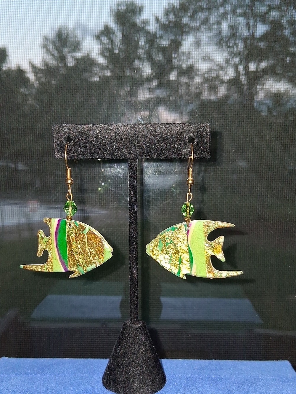 Handmade Green and Gold Fish Earrings - Artisan Jewelry